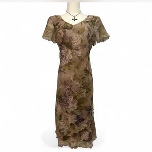 90s Romantic Vintage Floral Midi Dress Ruffles Flowy Size 8* Pink Purple Green